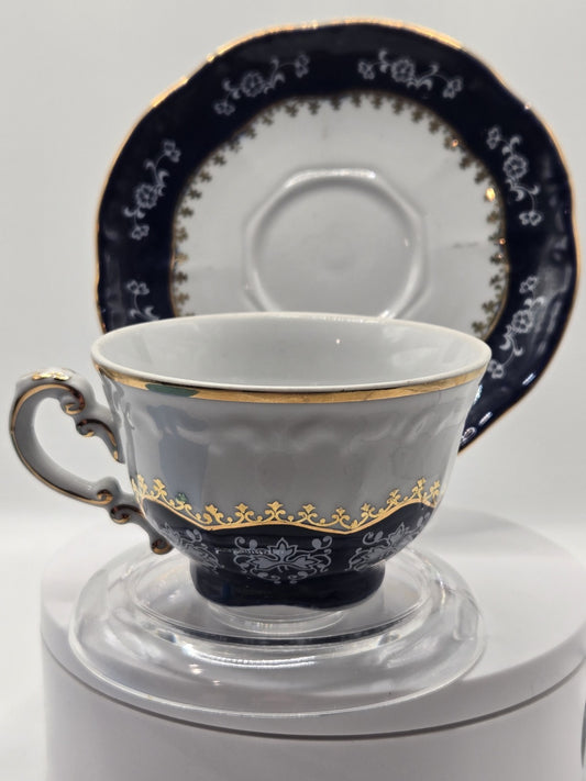 Vintage • Zsolnay Hungary • Hand Painted Porcelain • Pompadour Blue Gold Teacup