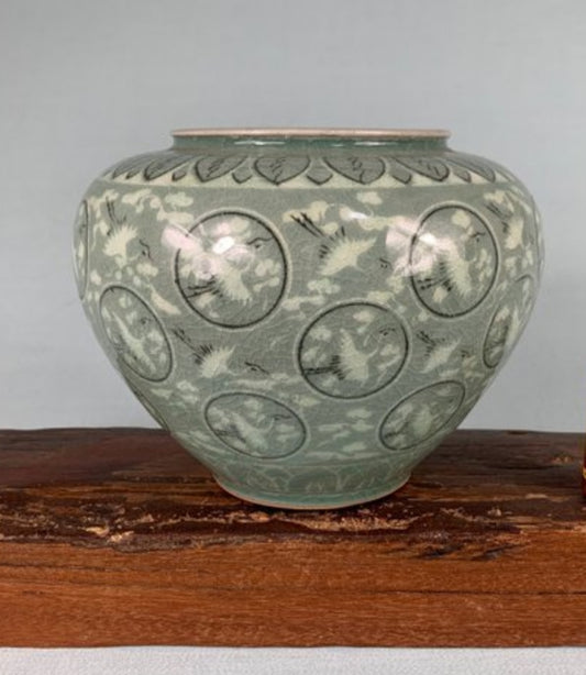 Mid-Century Korean Celadon Vase With Flying Cranes