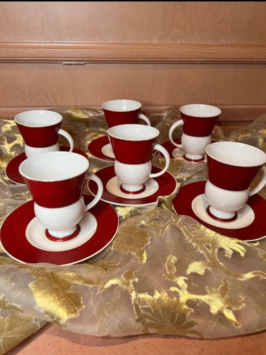 Vintage Late 20th Century Tasse Bone China Red & White 6 cups 6 Saucers