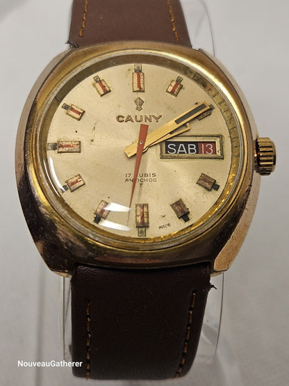 Cauny • Vintage Swiss Watch • Day Date • 17 Jewels • 1970's Mens • Runs