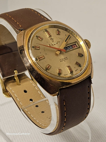 Cauny • Vintage Swiss Watch • Day Date • 17 Jewels • 1970's Mens • Runs