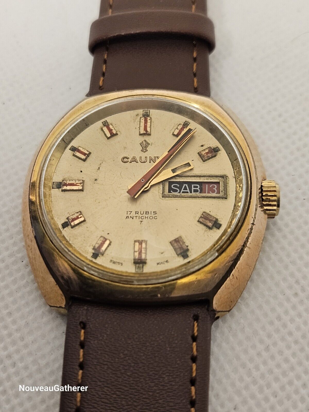 Cauny • Vintage Swiss Watch • Day Date • 17 Jewels • 1970's Mens • Runs