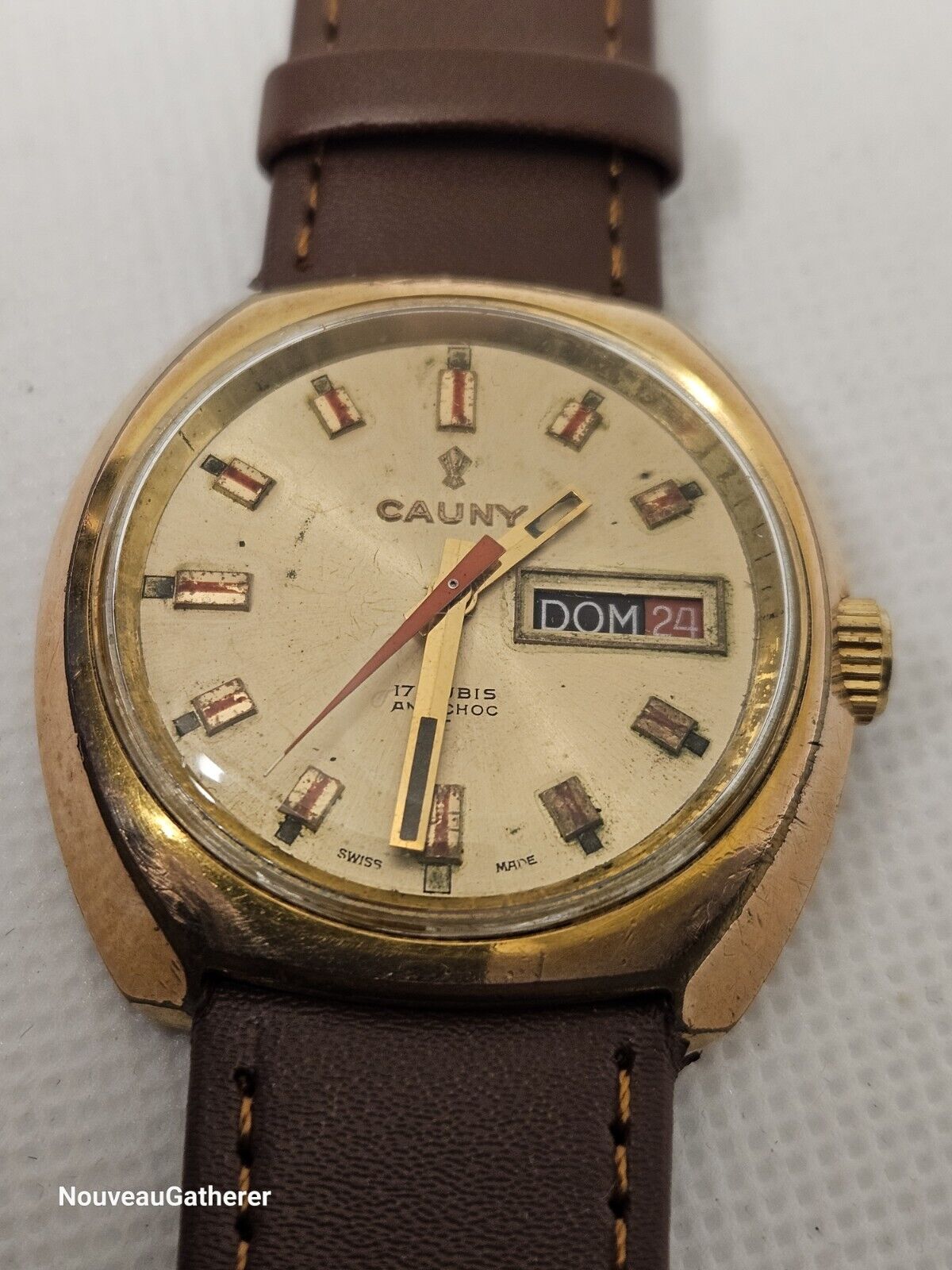 Cauny • Vintage Swiss Watch • Day Date • 17 Jewels • 1970's Mens • Runs