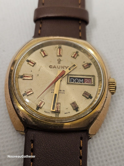 Cauny • Vintage Swiss Watch • Day Date • 17 Jewels • 1970's Mens • Runs
