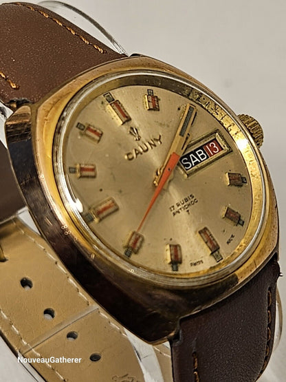 Cauny • Vintage Swiss Watch • Day Date • 17 Jewels • 1970's Mens • Runs