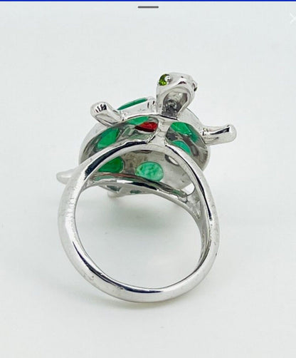 'Honu'• 925 Sterling Silver w Natural Emerald • Size 8.25 • 11.100g  Handcrafted