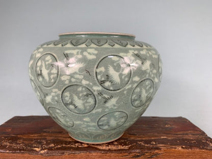 Mid-Century Korean Celadon Vase With Flying Cranes