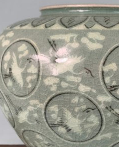 Mid-Century Korean Celadon Vase With Flying Cranes
