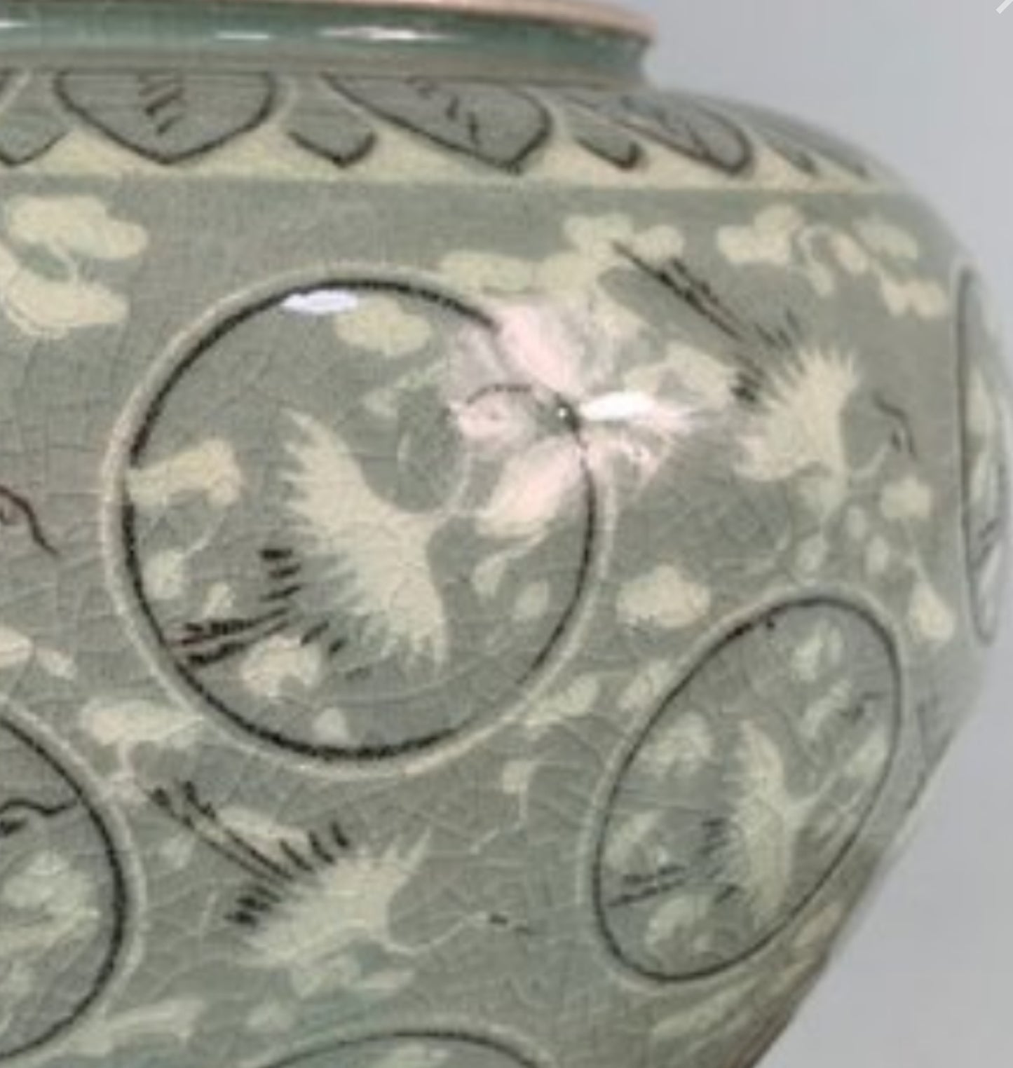 Mid-Century Korean Celadon Vase With Flying Cranes