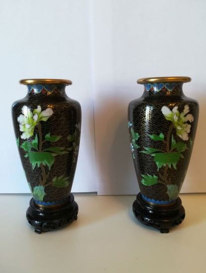 2nd Half of 20th Century Hand Painted 2 Brass CLOISSANE EnamelChinese Vases with 2 Hand Carved Wood Stands