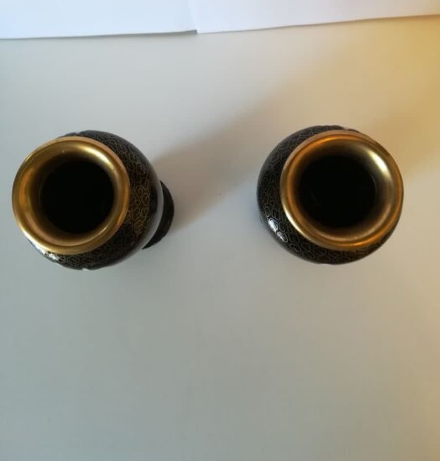 2nd Half of 20th Century Hand Painted 2 Brass CLOISSANE EnamelChinese Vases with 2 Hand Carved Wood Stands