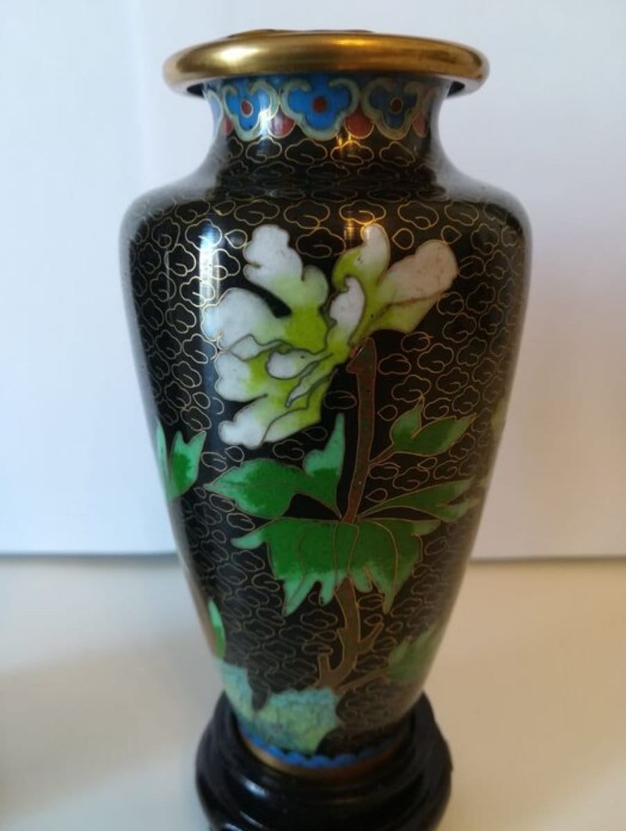 2nd Half of 20th Century Hand Painted 2 Brass CLOISSANE EnamelChinese Vases with 2 Hand Carved Wood Stands