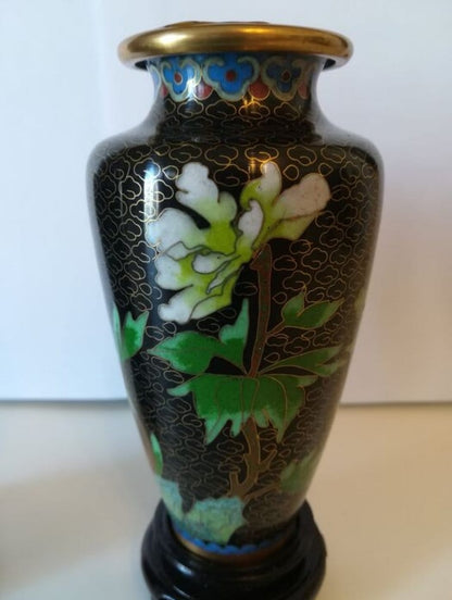 2nd Half of 20th Century Hand Painted 2 Brass CLOISSANE EnamelChinese Vases with 2 Hand Carved Wood Stands
