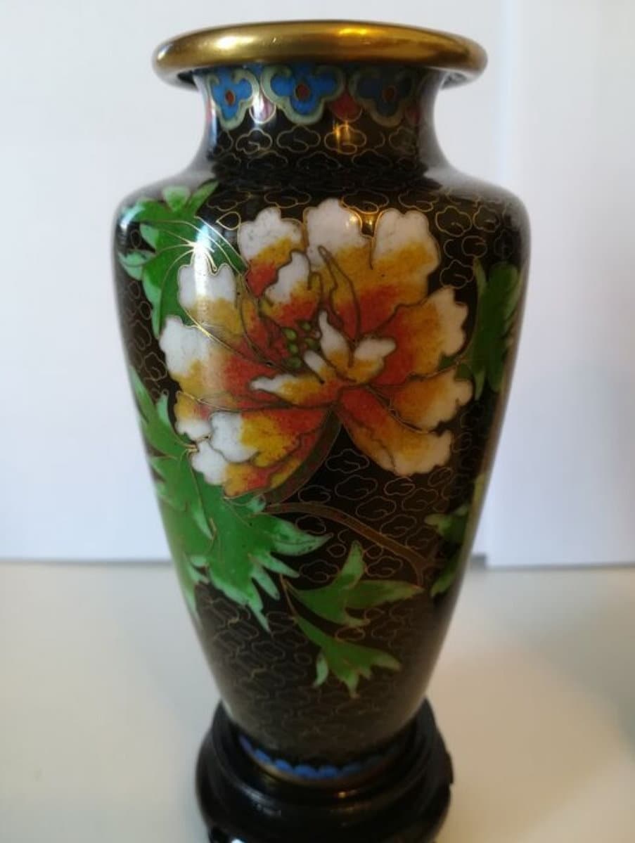 2nd Half of 20th Century Hand Painted 2 Brass CLOISSANE EnamelChinese Vases with 2 Hand Carved Wood Stands