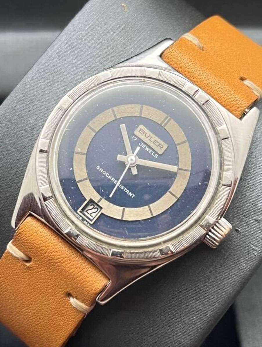 70's Vintage Buler Date 17J Dress Watch Blue Dial