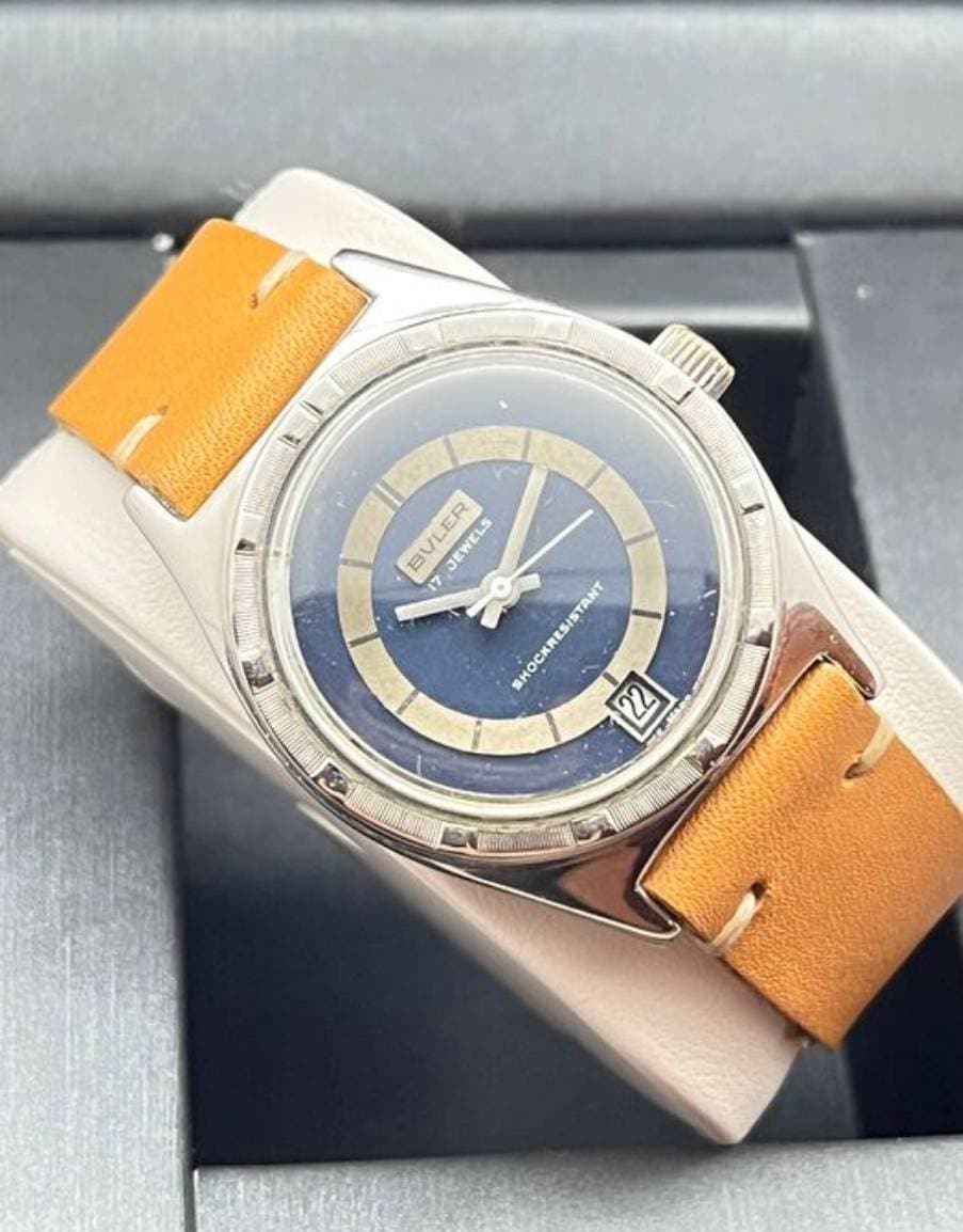 70's Vintage Buler Date 17J Dress Watch Blue Dial