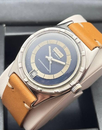 70's Vintage Buler Date 17J Dress Watch Blue Dial