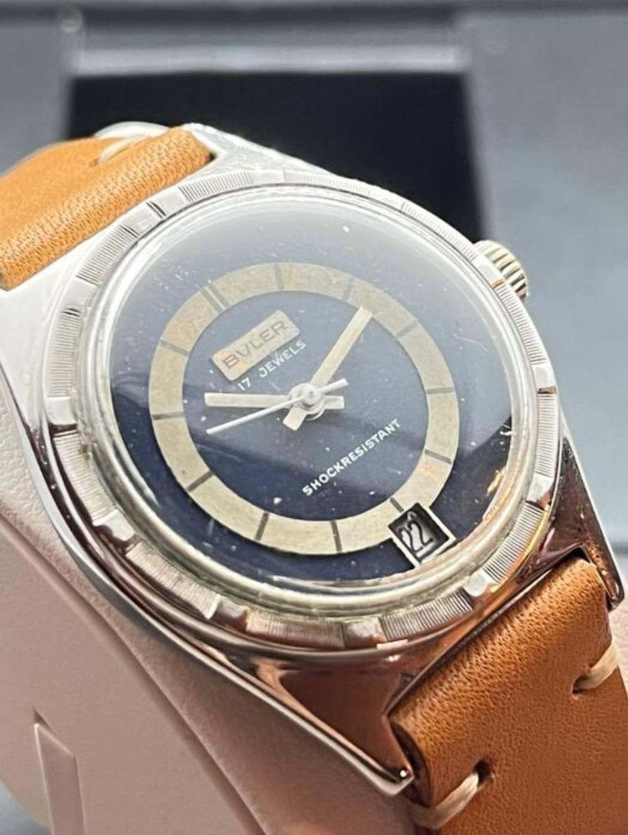 70's Vintage Buler Date 17J Dress Watch Blue Dial