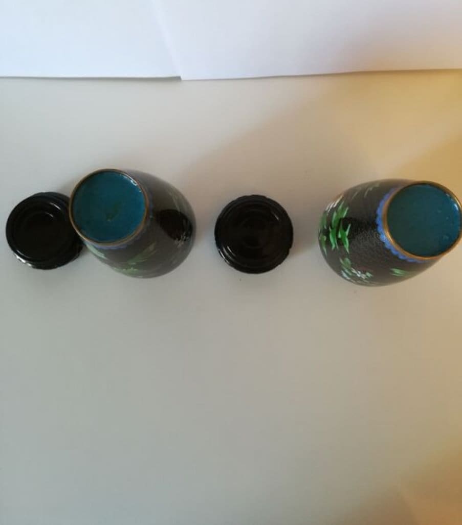2nd Half of 20th Century Hand Painted 2 Brass CLOISSANE EnamelChinese Vases with 2 Hand Carved Wood Stands