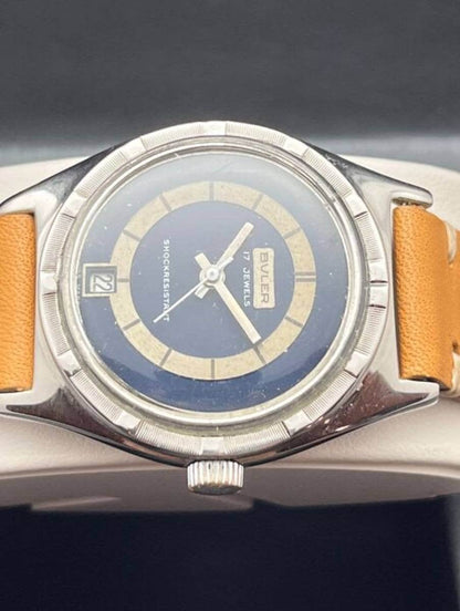 70's Vintage Buler Date 17J Dress Watch Blue Dial