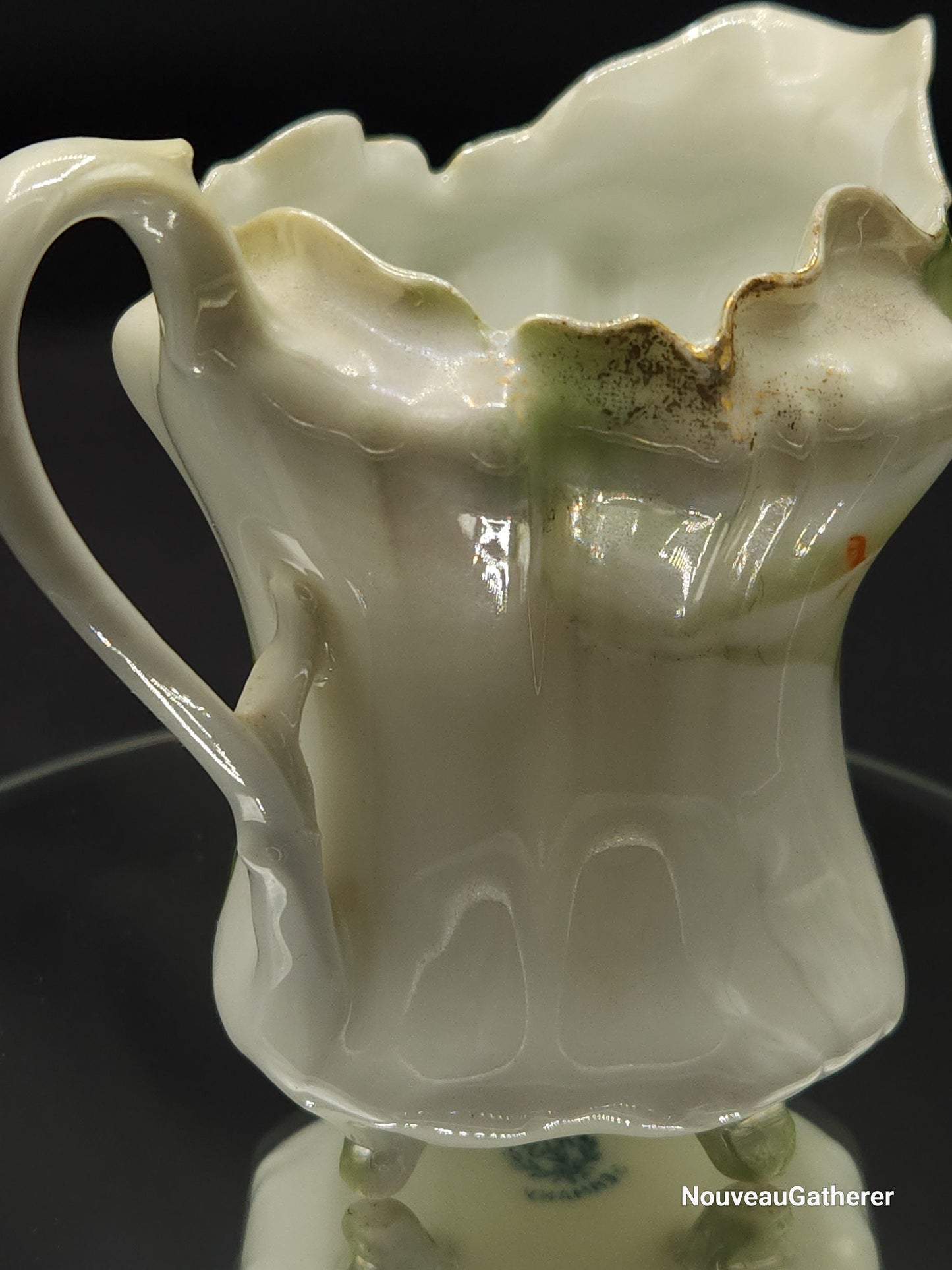 Antique Porcelain RS Germany Creamer Footed w Lily Pattern Green