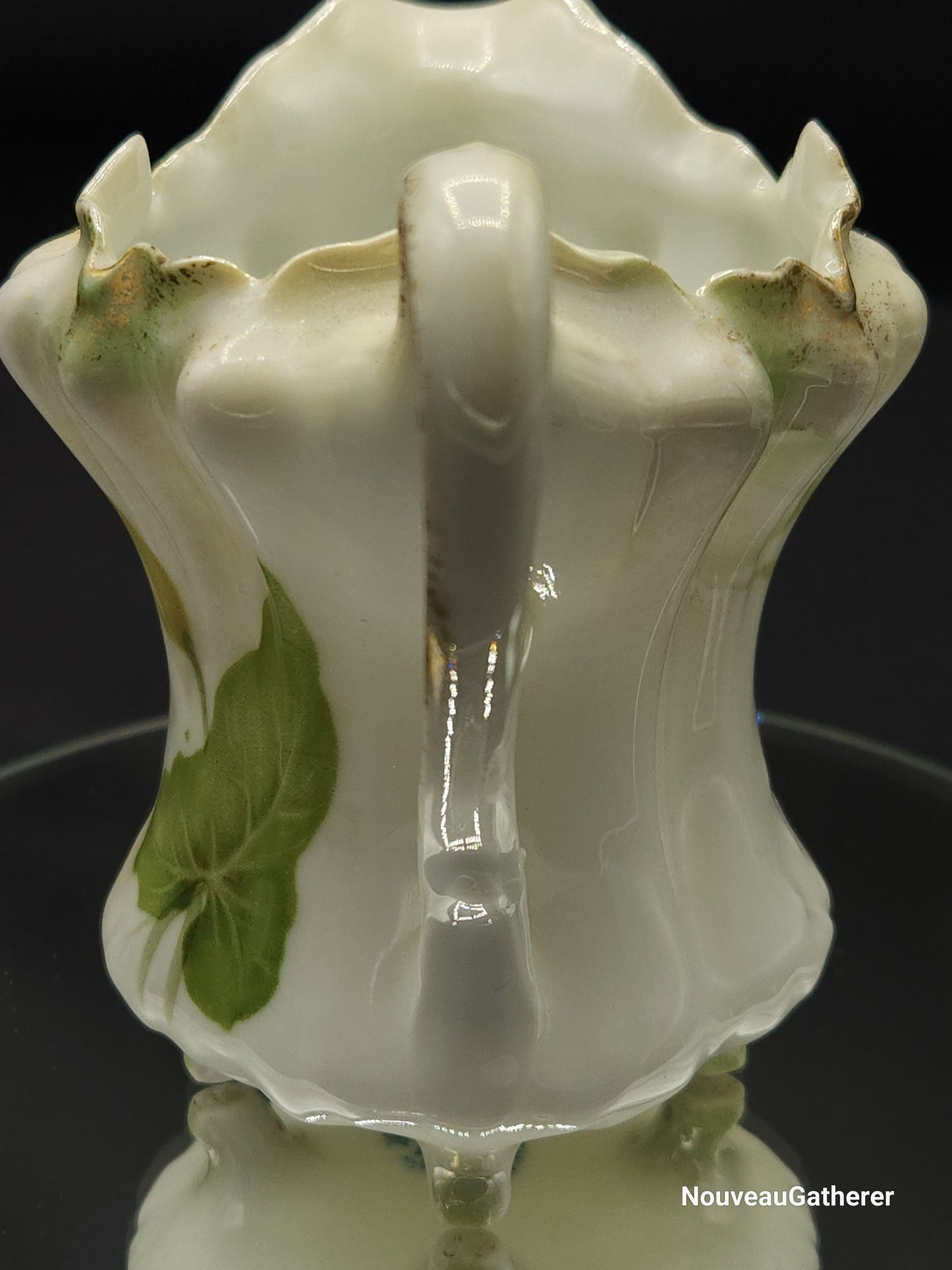 Antique Porcelain RS Germany Creamer Footed w Lily Pattern Green