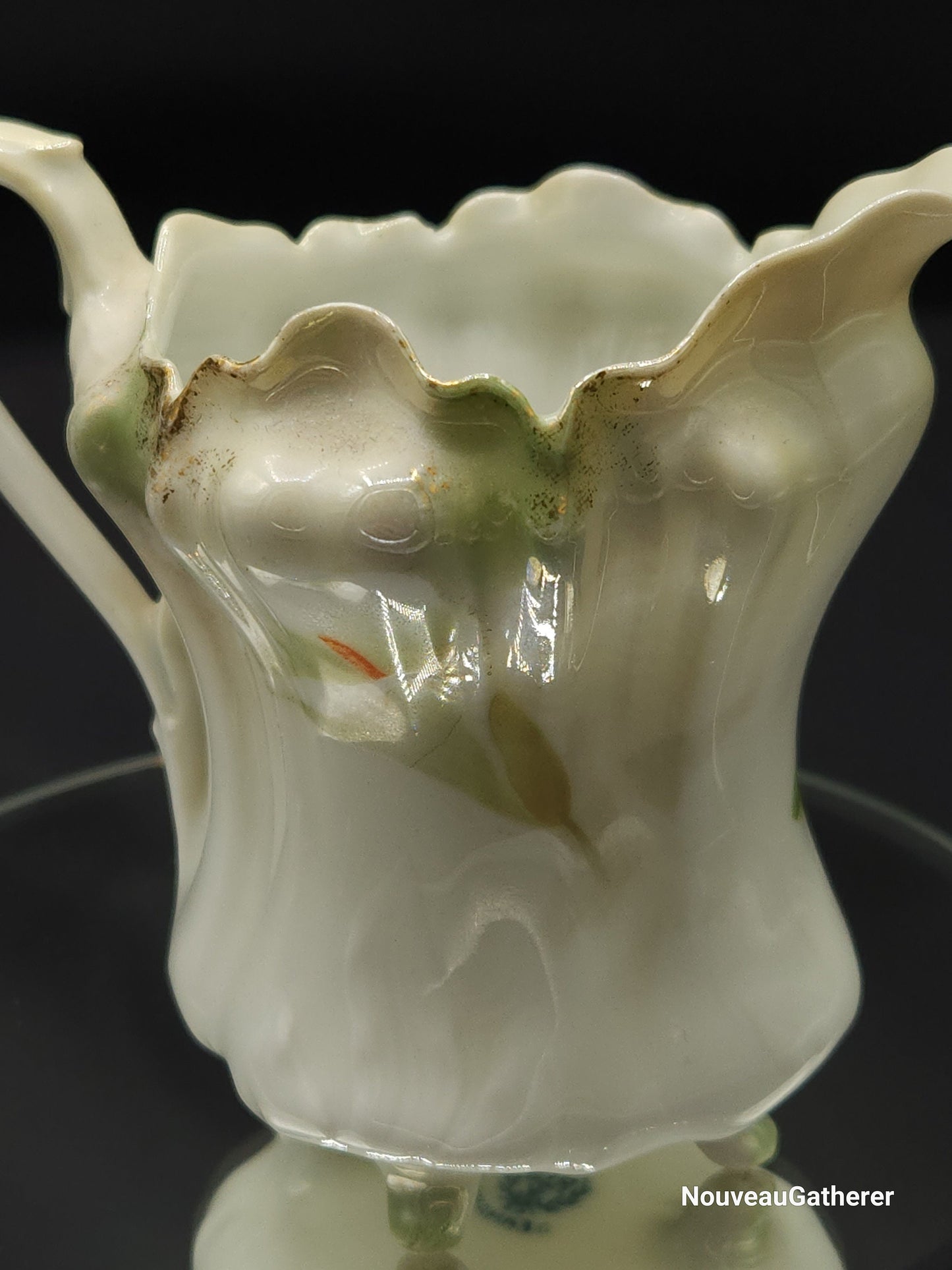 Antique Porcelain RS Germany Creamer Footed w Lily Pattern Green