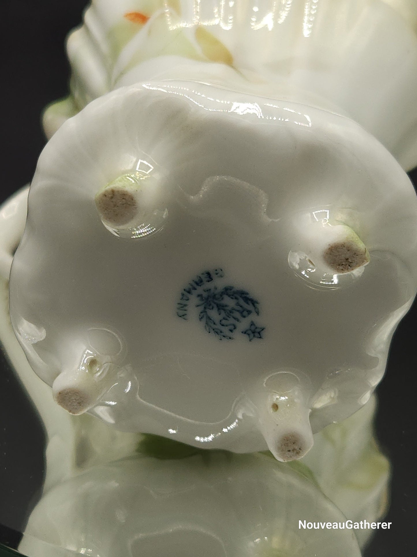 Antique Porcelain RS Germany Creamer Footed w Lily Pattern Green