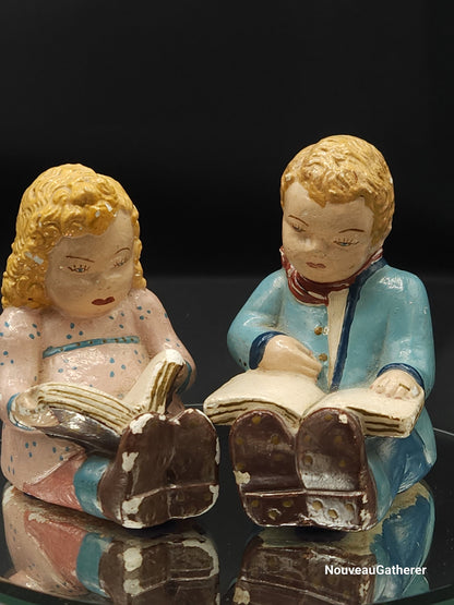 Vintage Ceramic Figurines Hand Painted Boy Girl Reading Circa 30&#39;s