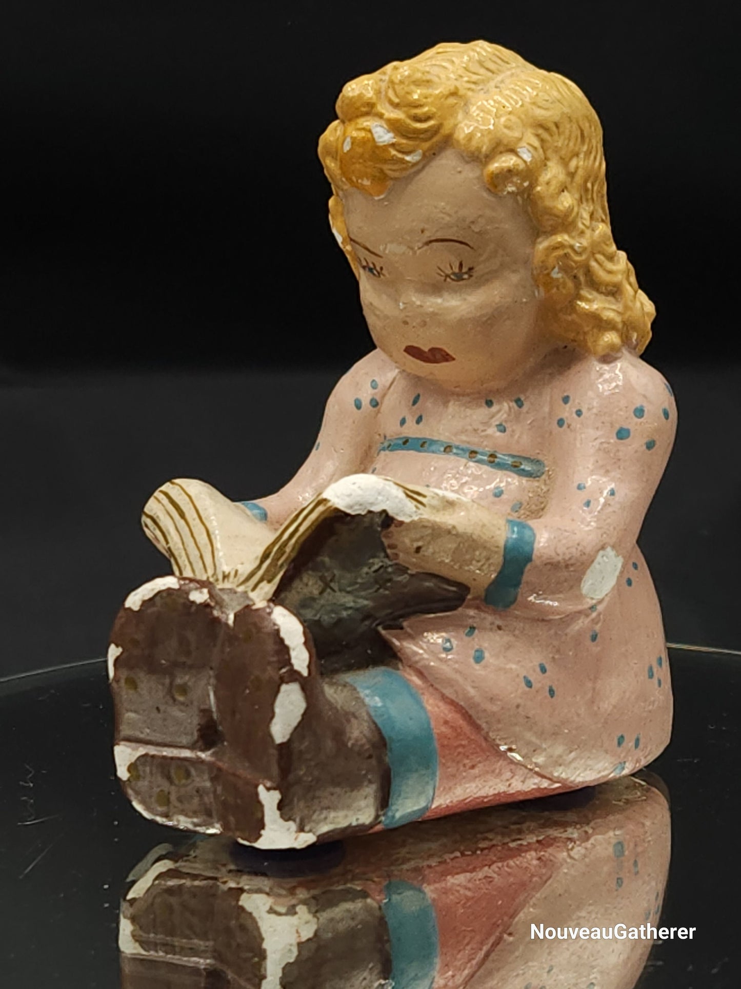 Vintage Ceramic Figurines Hand Painted Boy Girl Reading Circa 30&#39;s