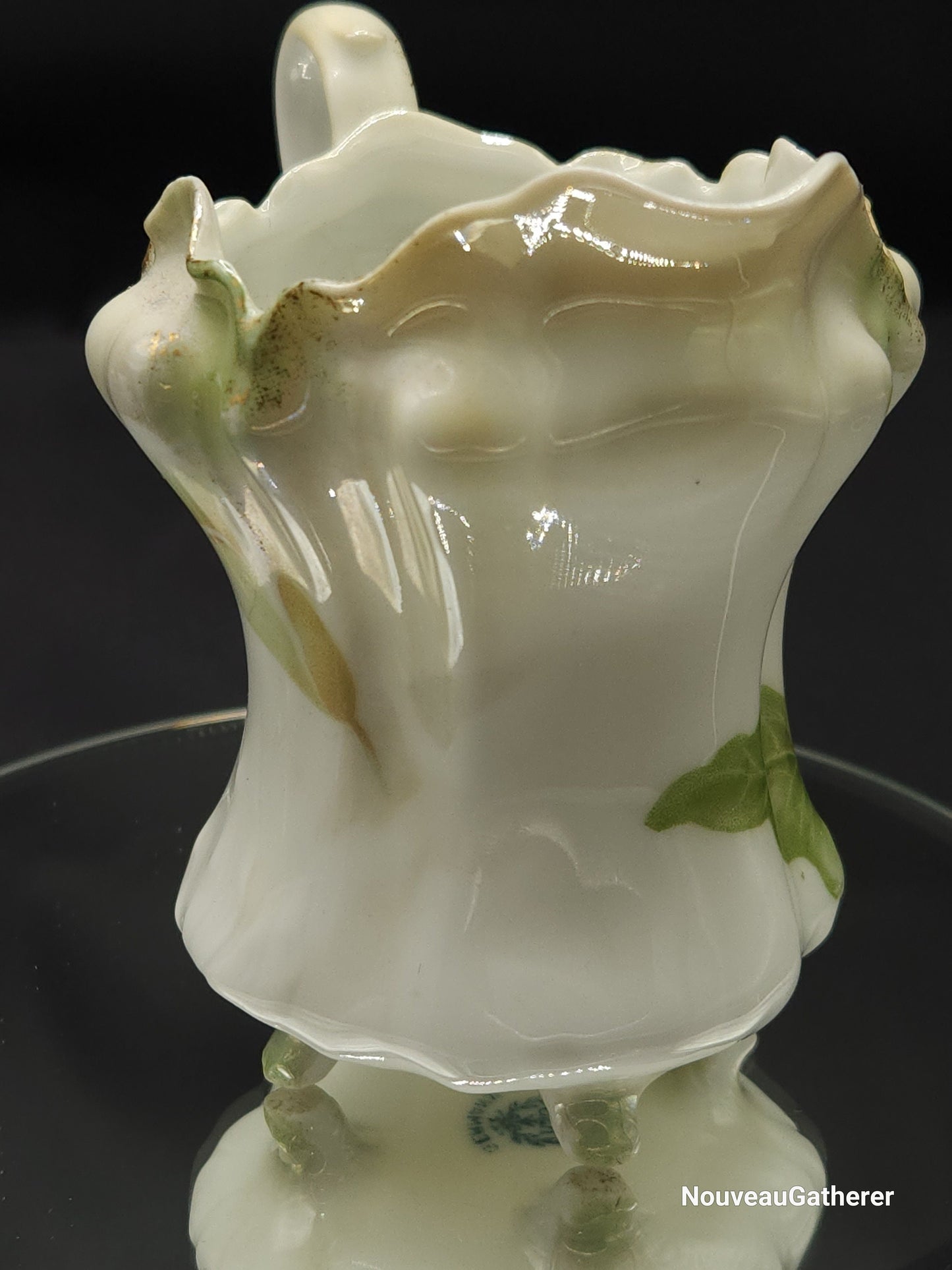 Antique Porcelain RS Germany Creamer Footed w Lily Pattern Green