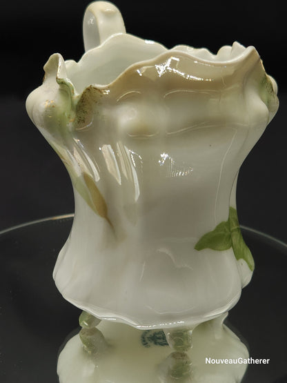Antique Porcelain RS Germany Creamer Footed w Lily Pattern Green