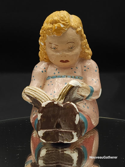 Vintage Ceramic Figurines Hand Painted Boy Girl Reading Circa 30&#39;s