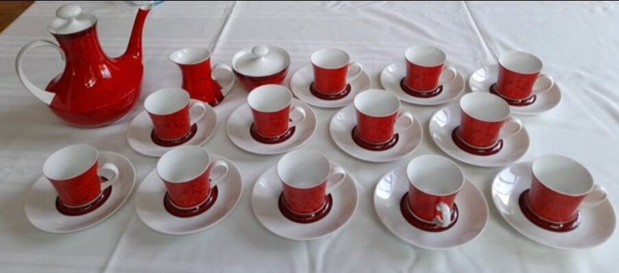 Vintage 70s Mint Condition Bidasoa Spanish Porcelain 12 SET Coffee Service Complete