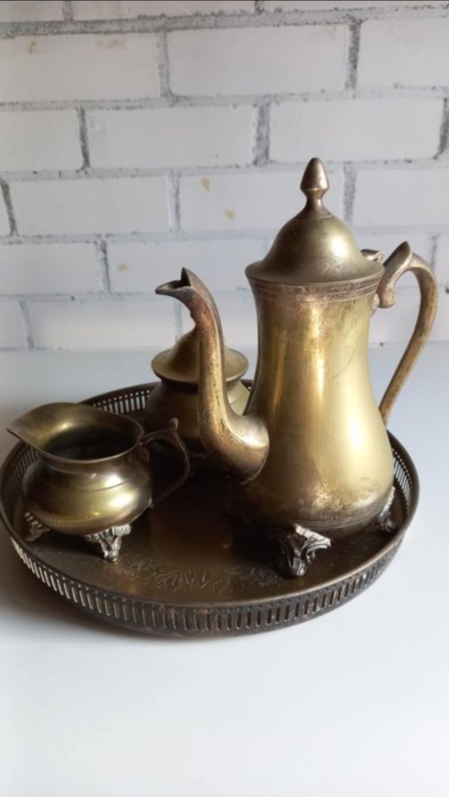 Antique Brass Coffee Service Set w Tray Netherlands