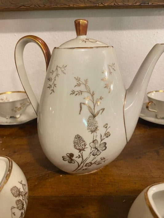 Rare Triangle 50's Vintage Bavarian Winterling Porcelain Coffee Tea Service for 11 w Gold Floral Friezes from Germany