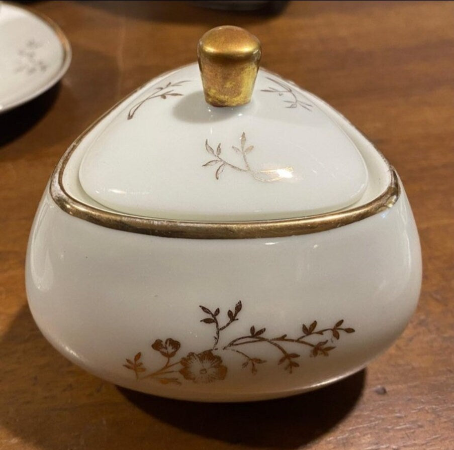 Rare Triangle 50's Vintage Bavarian Winterling Porcelain Coffee Tea Service for 11 w Gold Floral Friezes from Germany
