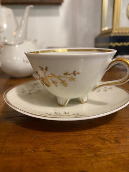 Rare Triangle 50's Vintage Bavarian Winterling Porcelain Coffee Tea Service for 11 w Gold Floral Friezes from Germany