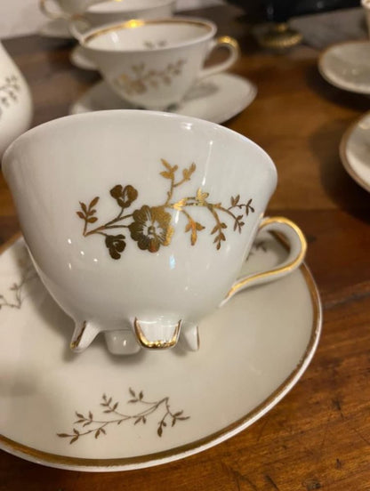 Rare Triangle 50's Vintage Bavarian Winterling Porcelain Coffee Tea Service for 11 w Gold Floral Friezes from Germany