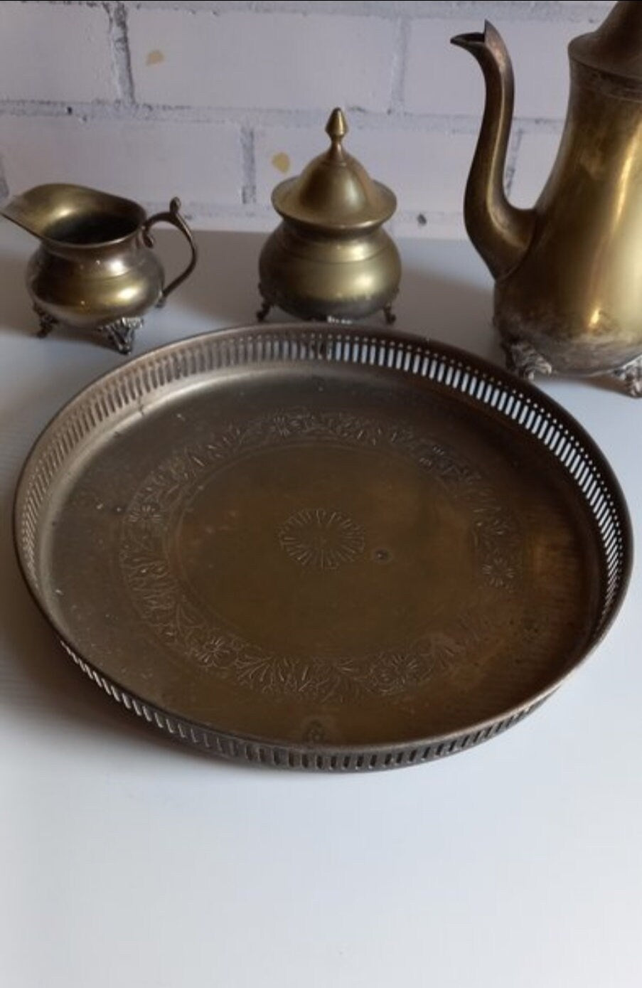 Antique Brass Coffee Service Set w Tray Netherlands