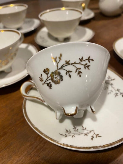 Rare Triangle 50's Vintage Bavarian Winterling Porcelain Coffee Tea Service for 11 w Gold Floral Friezes from Germany