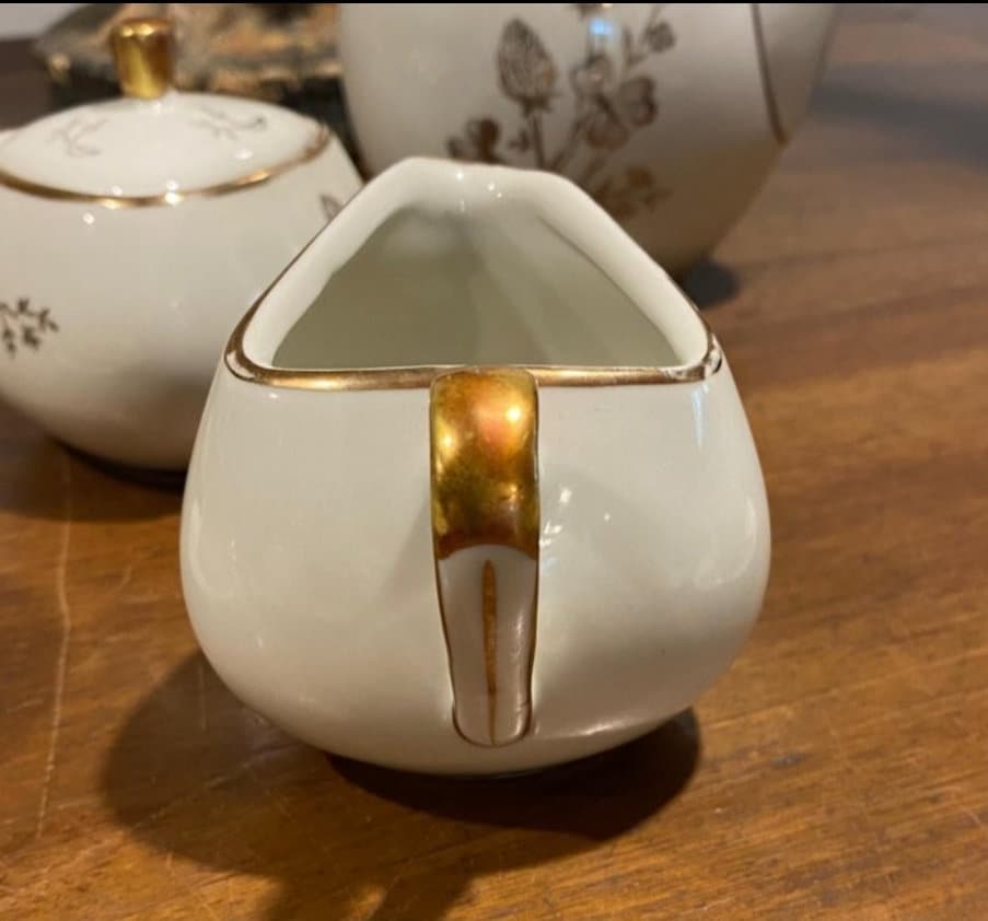 Rare Triangle 50's Vintage Bavarian Winterling Porcelain Coffee Tea Service for 11 w Gold Floral Friezes from Germany
