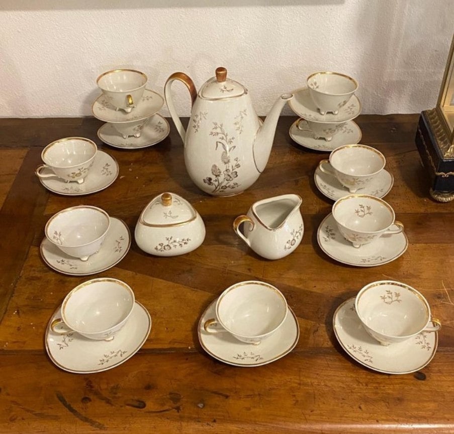 Rare Triangle 50's Vintage Bavarian Winterling Porcelain Coffee Tea Service for 11 w Gold Floral Friezes from Germany