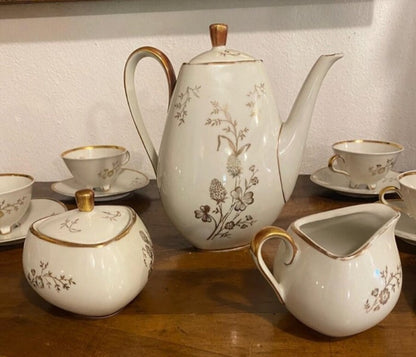 Rare Triangle 50's Vintage Bavarian Winterling Porcelain Coffee Tea Service for 11 w Gold Floral Friezes from Germany