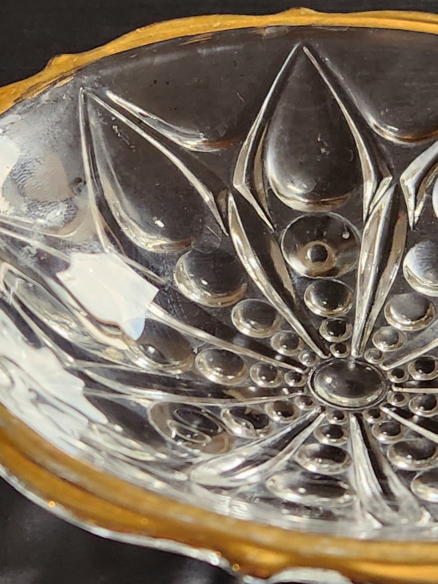 Vintage 7'• Pressed Mold Cut Crystal Glass • Petal Pattern Dish • Gold Type Trim • Anonymous Estate