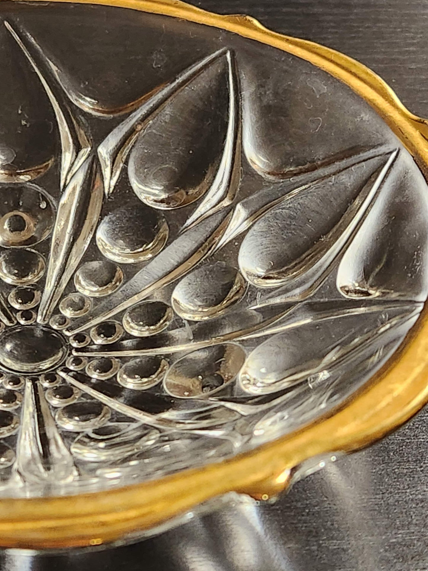 Vintage 7'• Pressed Mold Cut Crystal Glass • Petal Pattern Dish • Gold Type Trim • Anonymous Estate