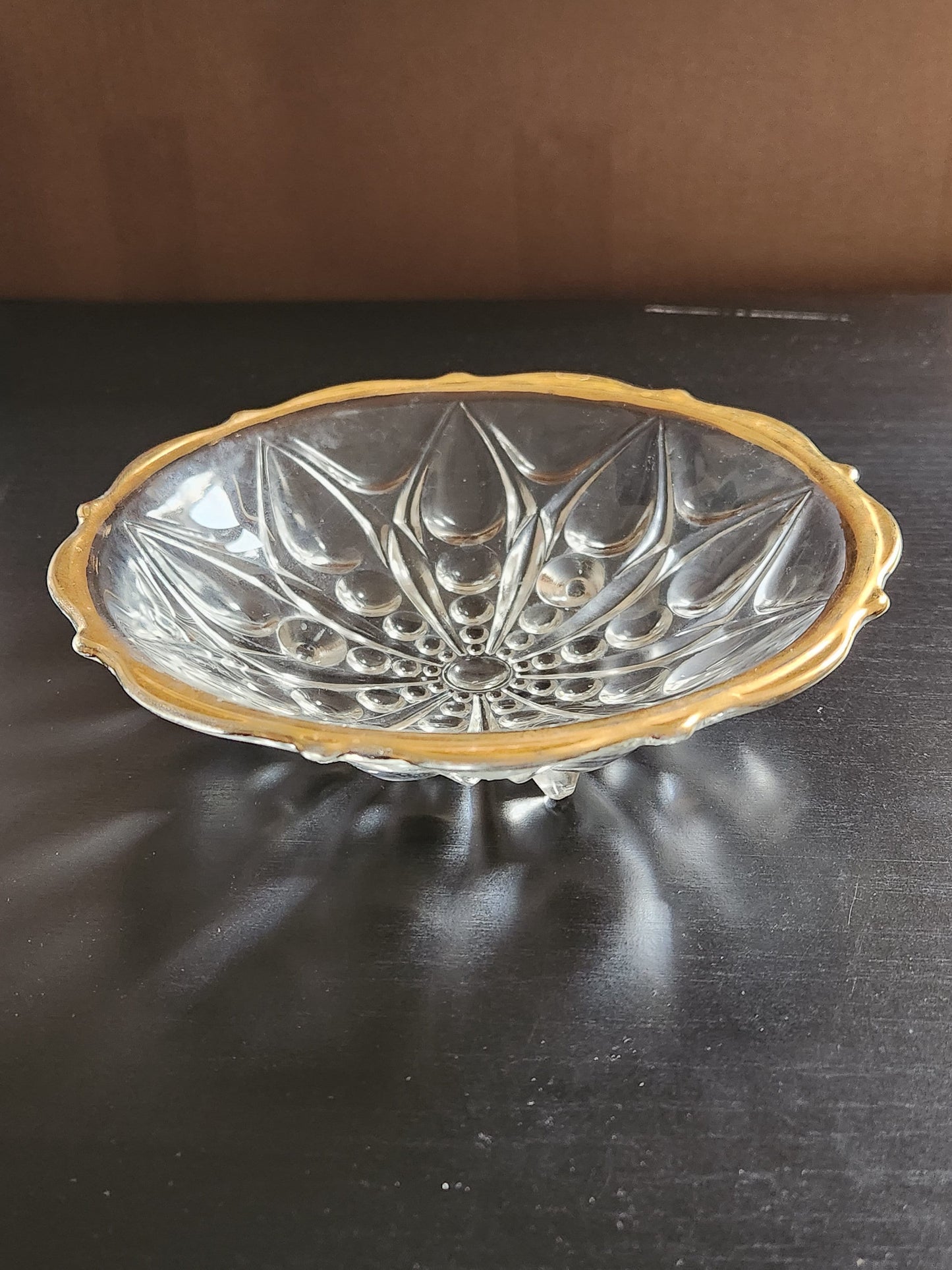 Vintage 7'• Pressed Mold Cut Crystal Glass • Petal Pattern Dish • Gold Type Trim • Anonymous Estate