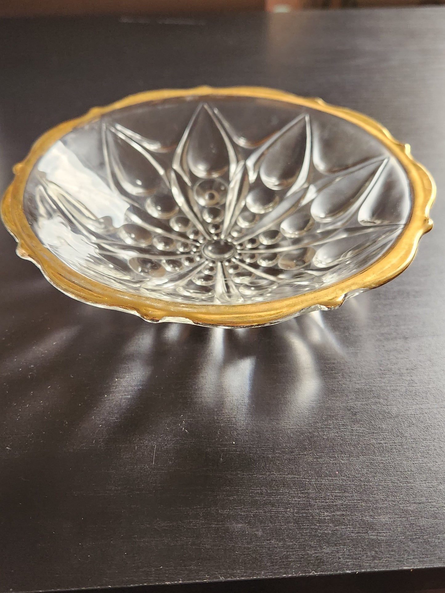 Vintage 7'• Pressed Mold Cut Crystal Glass • Petal Pattern Dish • Gold Type Trim • Anonymous Estate