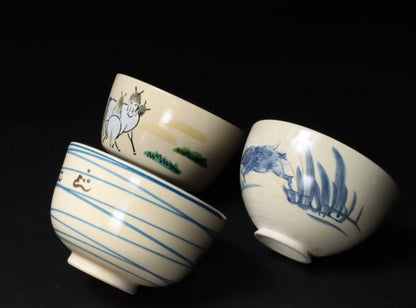 Chawan Pottery • 3 • Tea Ceremony Tools • Kyo-yaki (京焼) Teacups • Zodiac - Horse • Japan  20th century