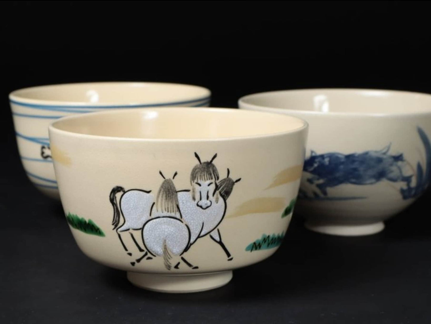 Chawan Pottery • 3 • Tea Ceremony Tools • Kyo-yaki (京焼) Teacups • Zodiac - Horse • Japan  20th century